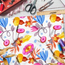 Ткань кулирная гладь абстрактные яркие цветы и глаза на белом фоне