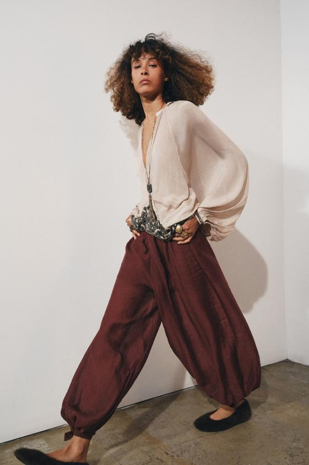 ZARA БРЮКИ-БАГГИ С ЗАВЯЗКАМИ — ZW COLLECTION, ЧЕРЕПИЧНЫЙ