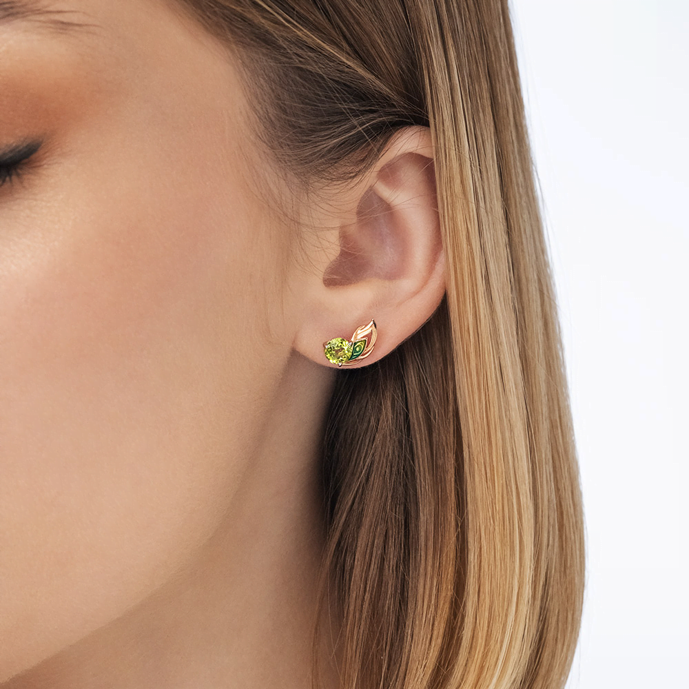 Серьги-пусеты «Преображение» из красного золота с хризолитом и эмалью