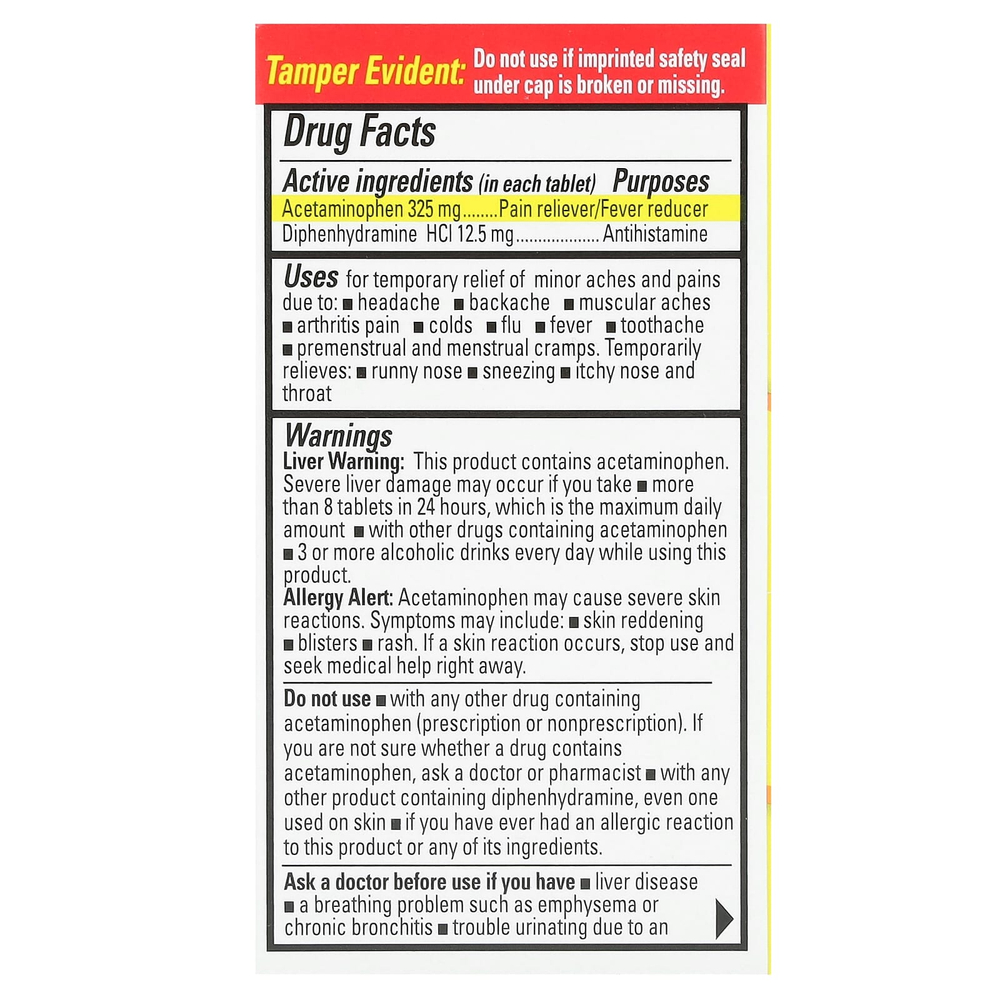 Percogesic, ацетаминофен/дифенгидрамина гидрохлорид, первоначальная сила действия, 50 таблеток, покрытых оболочкой, которые легко глотать