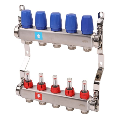 Блок коллекторный MVI из нержавеющей стали DN 25-5 выходов G 3/4, с расходомерами, без дренажного крана и воздухоотводчика, евроконус, MS.505.06
