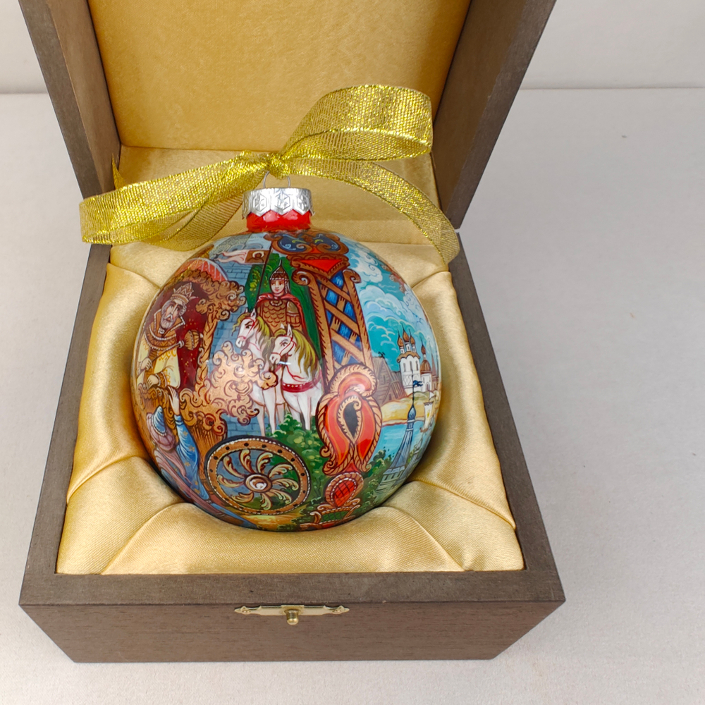 Шар новогодний с круговой росписью Палех "Золотой петушок" в футляре