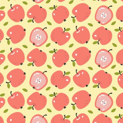 Летний принт красные яблоки на нежно желтом. Фрукты для узора скатерти и дачного текстиля. Рисунок с веганской едой.