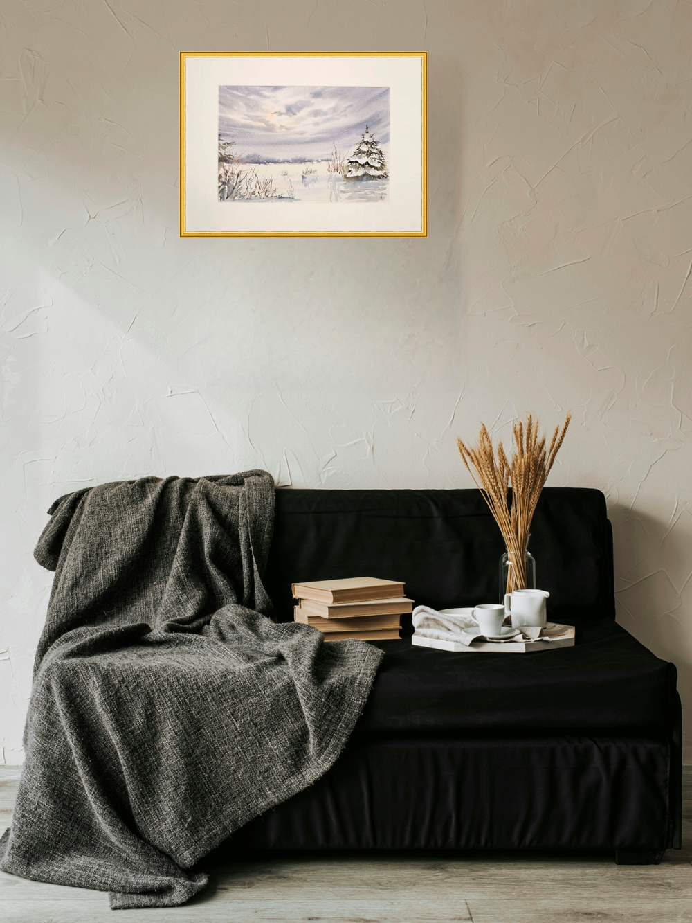 Картина авторская акварельная в паспарту 30х40 см на стену для интерьера "Поздний рассвет. Зима"
