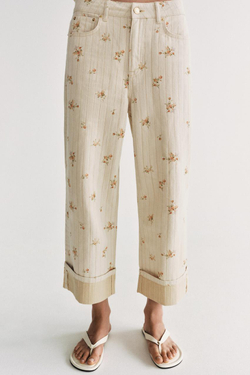 ZARA ДЖИНСЫ TAPERED СО СРЕДНЕЙ ПОСАДКОЙ И ЦВЕТОЧНЫМ ПРИНТОМ — ZW COLLECTION, БЕЖЕВЫЙ