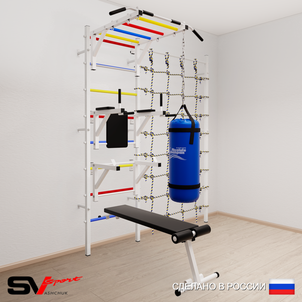 Шведская стенка Sv Sport 52610 (Турник рукоход/Брусья/Стойка/Скамья/Цепь/Мешок 15кг/Канатный лаз)