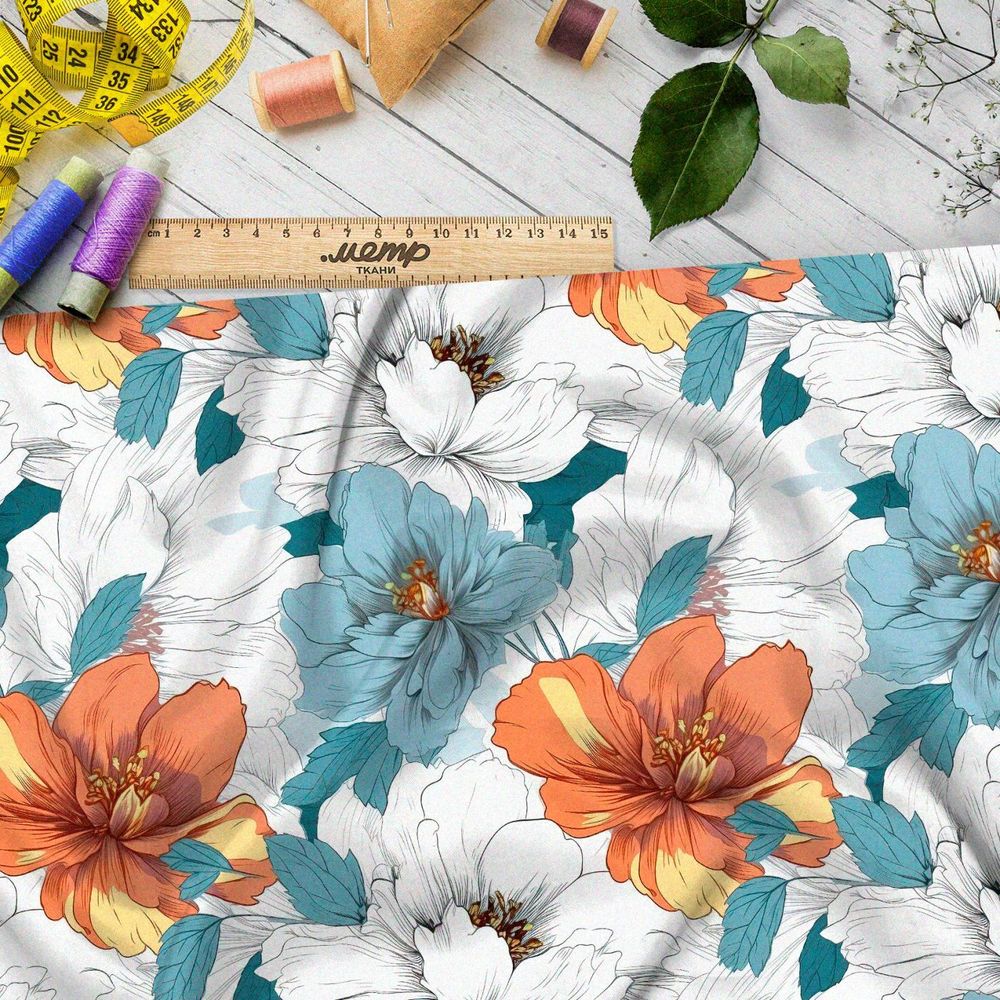 Ткань премиум бифлекс цветочные яркие акценты