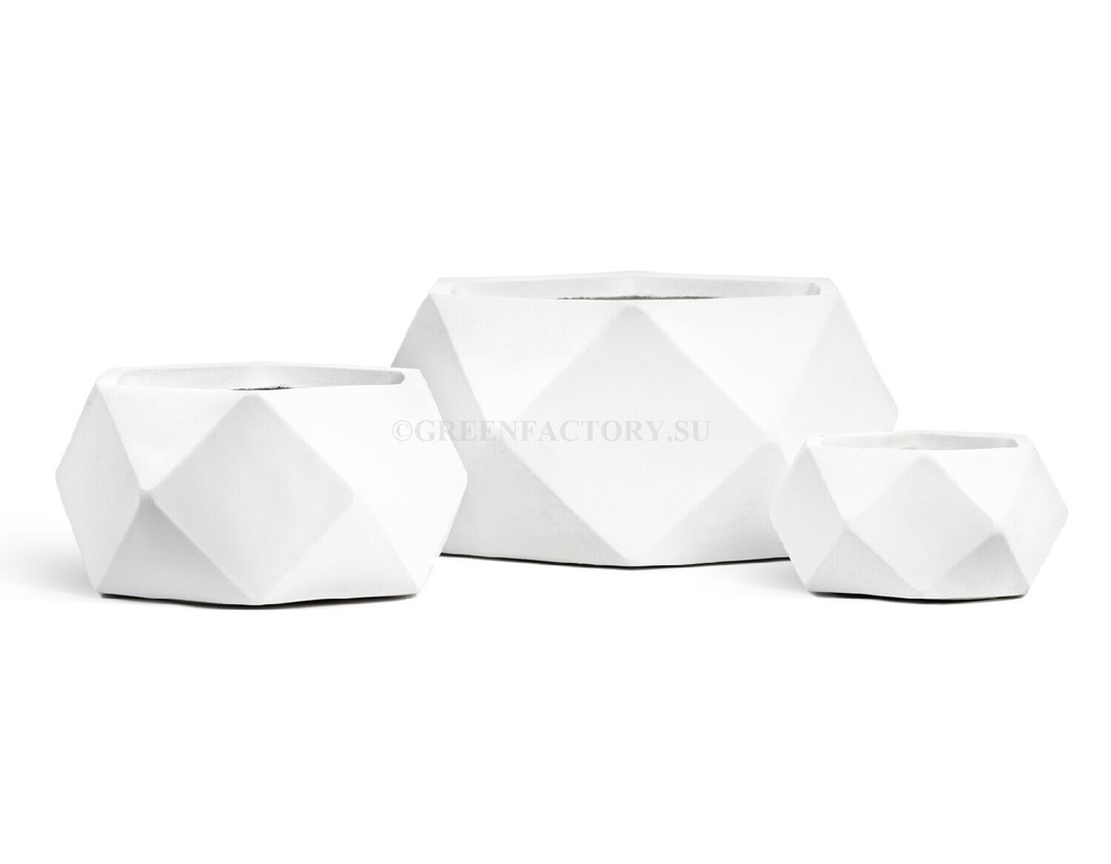 Кашпо TREEZ ERGO - серия Rombo - Низкая чаша-многогранник - Белый камень
