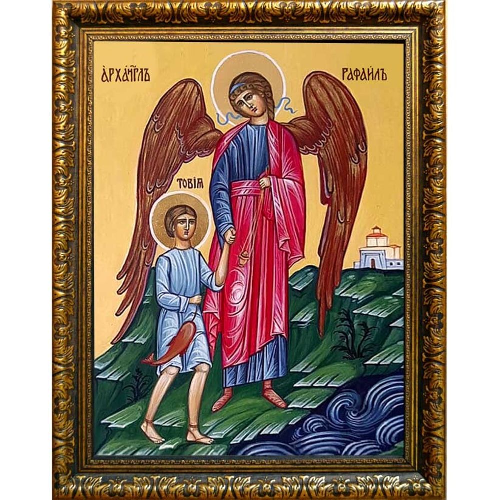 Архангел Рафаил сопровождает Товию. Икона на холсте.