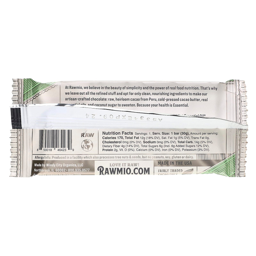 Rawmio, Essential Bar, органический необработанный шоколад, 70% какао, перечная мята, 30 г (1,1 унции)