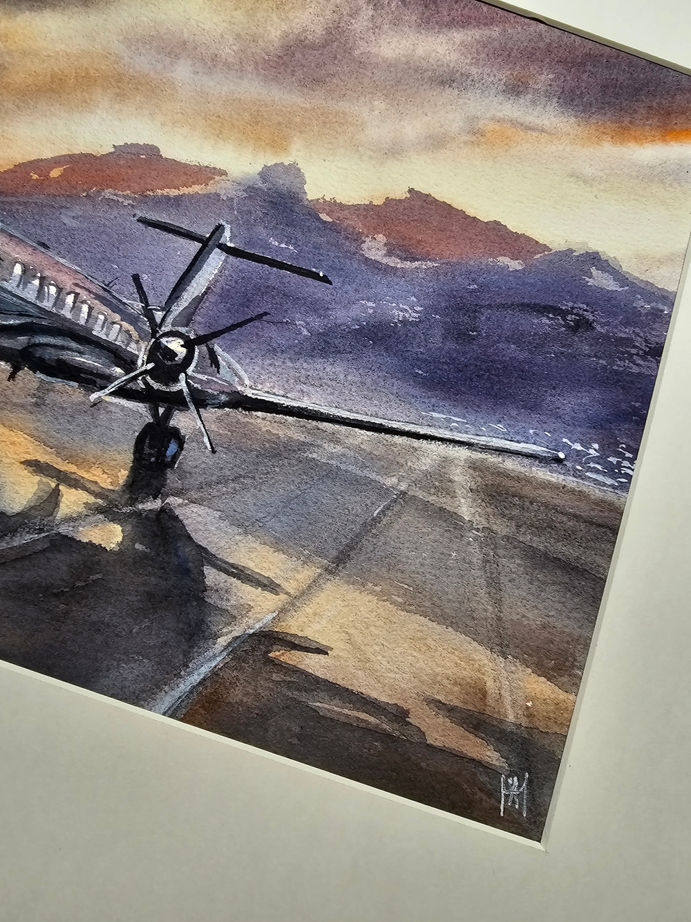 Картина авторская акварельная в паспарту 30х40 см на стену для интерьера "На взлётно-посадочной полосе"