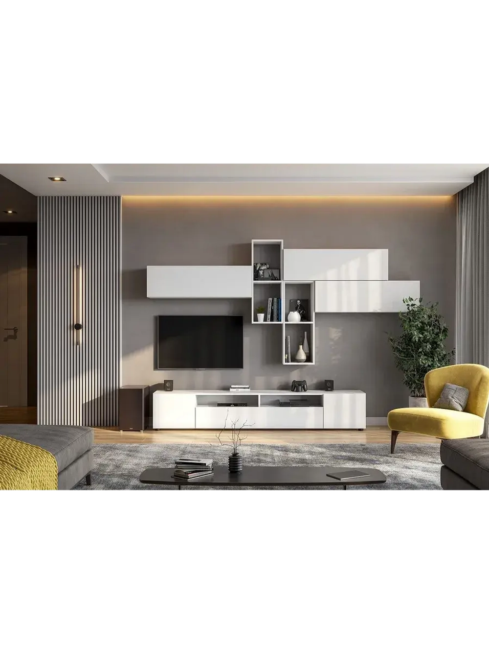 Модульная стенка со шкафом Белый текстурный 260х35х135