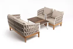 "Диего" лаунж-зона 4-местная плетеная из роупа со столиком "Канны" цвета "дуб", основание дуб, роуп бежевый
