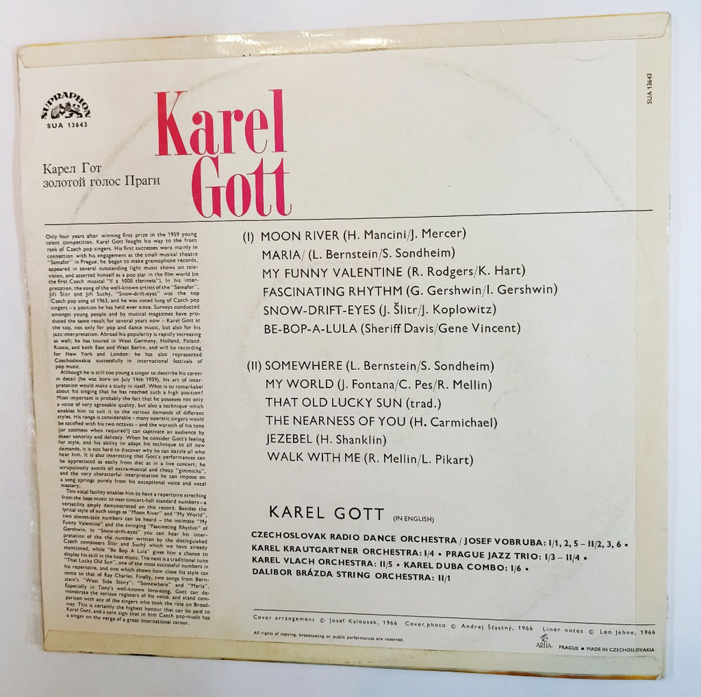 Винтажная виниловая пластинка LP Karel Gott Карел Готт The Golden Voice Of Prague (Чехословакия 1968)
