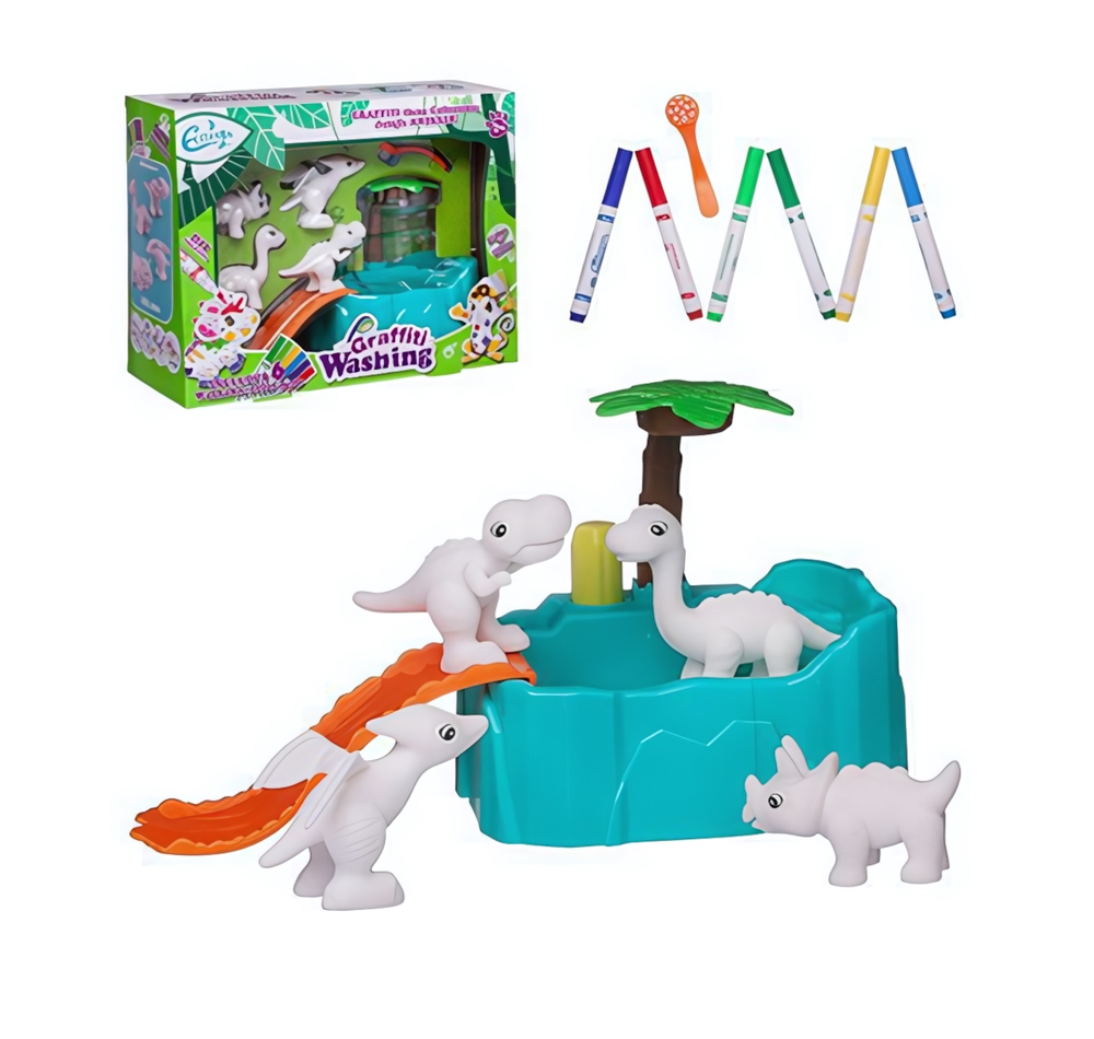 Набор д/творчества Фигурки для раскраски. Динозаврики в бассейне с душем (4 фигурки, 6 фломастеров,