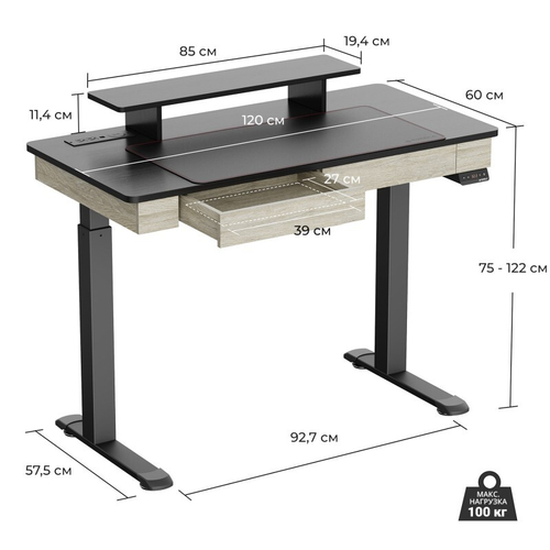 Стол для компьютера c электрической регулировкой по высоте и 2 ящиками EUREKA ERK-ED-I47-OG