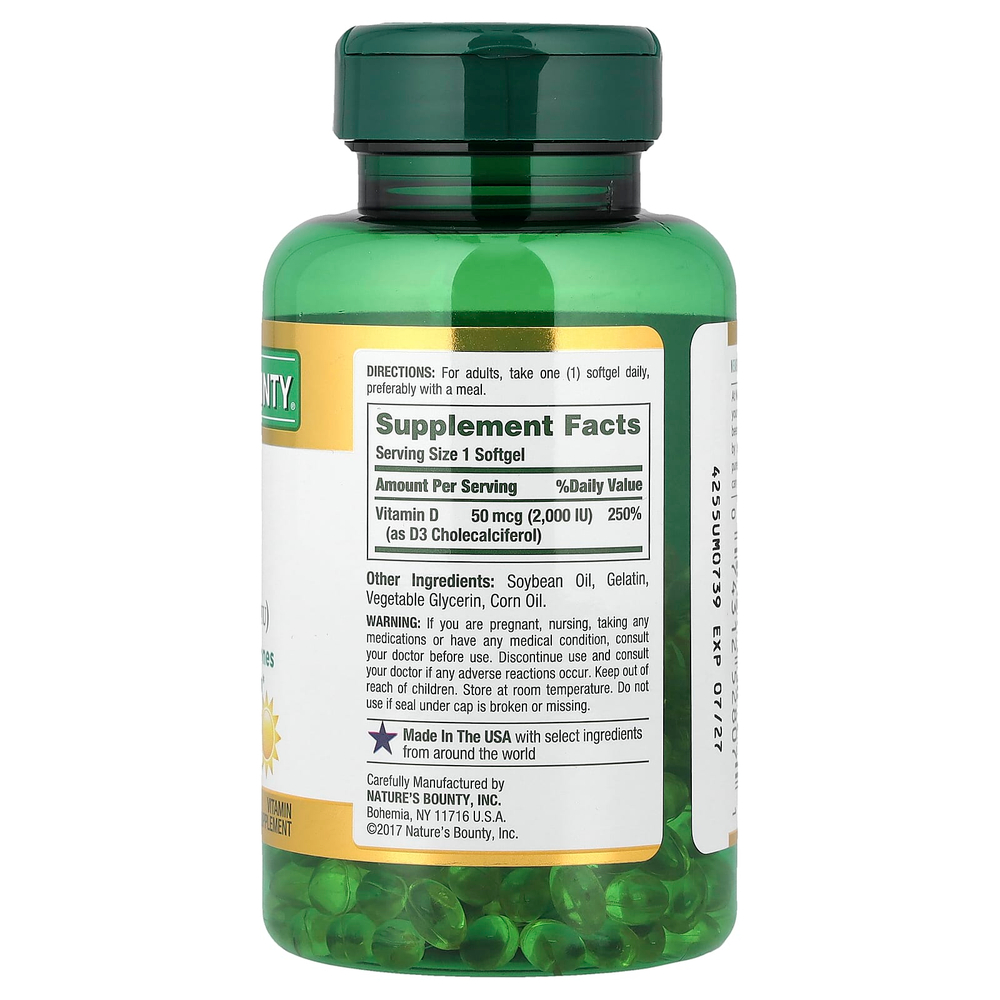 Nature's Bounty, витамин D3, 50 мкг (2000 МЕ), 350 капсул быстрого высвобождения