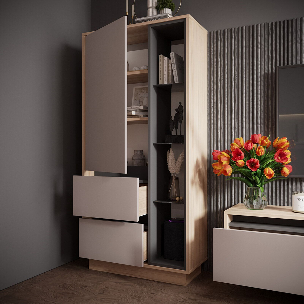 Шкаф-пенал напольный с полками для гостиной Рэя Туя светлая/Кашемир 72х32х150