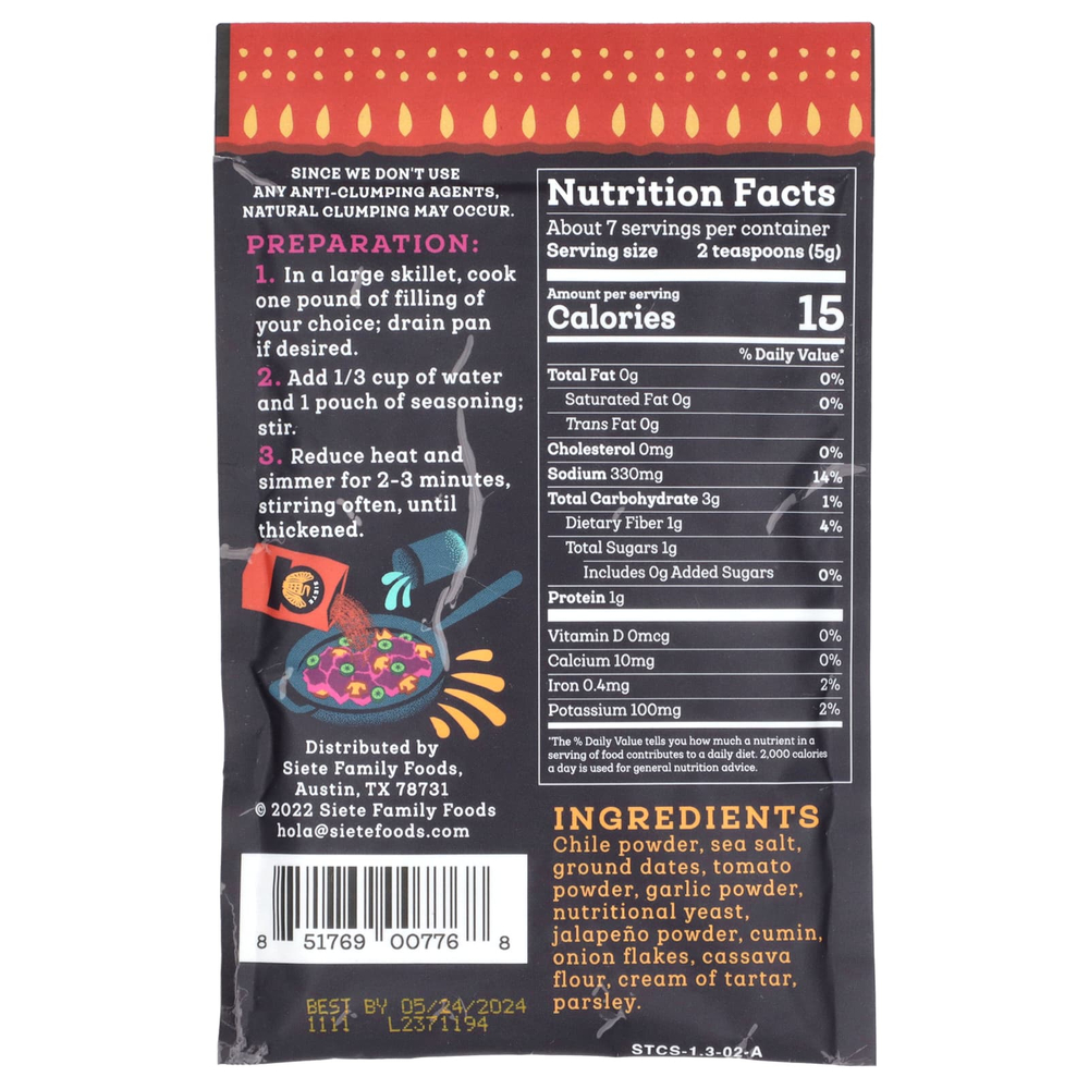 Siete, приправа тако, пряная, 37 г (1,31 унции)