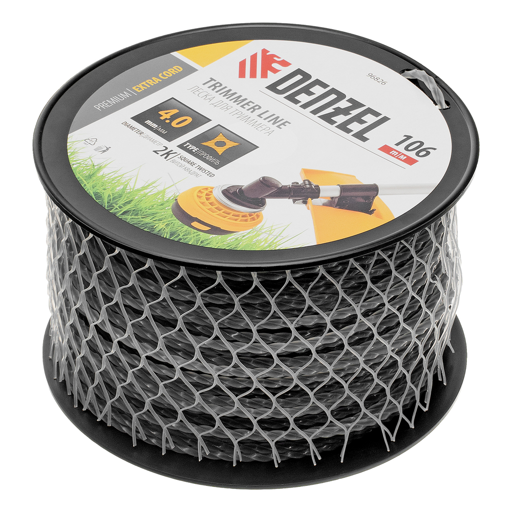 Леска для триммера двухкомпонентная витой квадрат, 4,0мм х 106м, на DIN катушке EXTRA CORD Denzel