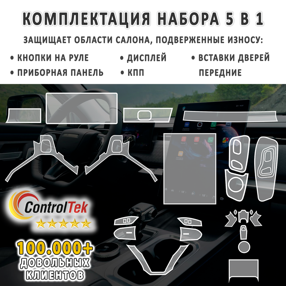 JAECOO J7 (2023) - комплект защитных пленок 5 в 1. Пленка защитная ControlTek HYBRID со слоем TOP COAT. Толщина: 6 mil. (175 мкм.)