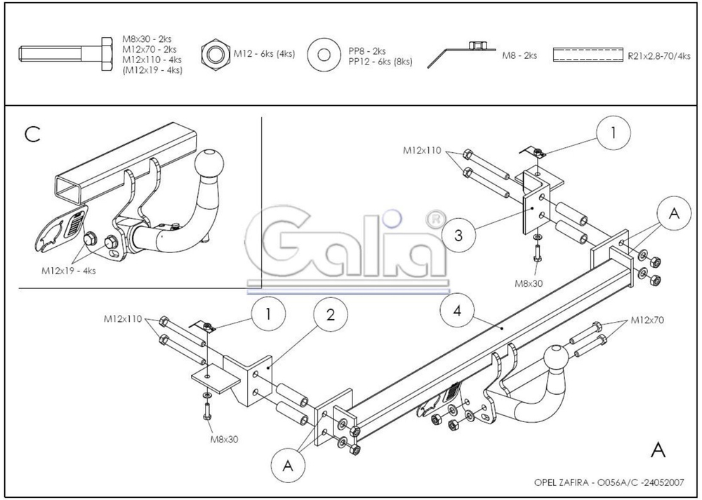 Оцинкованный фаркоп на Opel Zafira A 1999-2005 (без электрики), Galia O056A