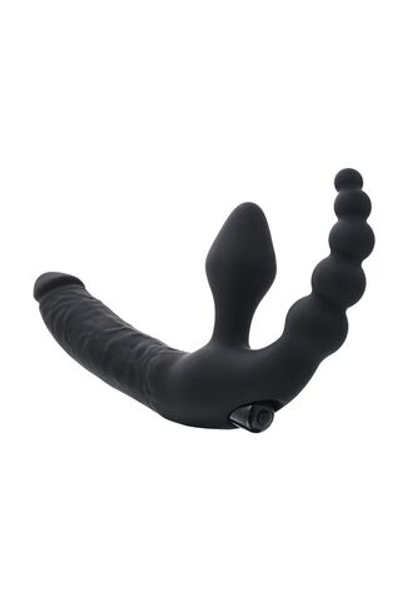 Чёрный безремневой страпон с вибрацией и анальным отростком (Цвет: черный)