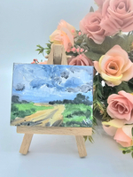 Миниатюра акрилом на холсте 6х8см "Летний день" с мольбертом, авторская ручная работа