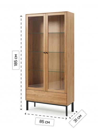 Шкаф-витрина дизайнерская 2 двери Виби 185х85х31 из дуба в стиле лофт, на металлических ножках