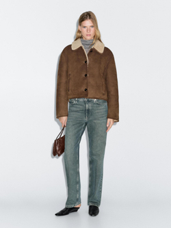 Massimo Dutti Короткая кожаная куртка с отделкой из овчины, цвет верблюжьей шерсти