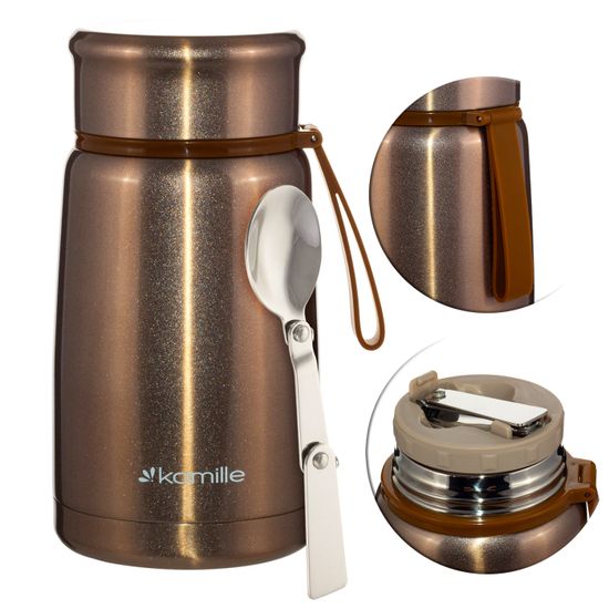 Термос пищевой 800 мл. Kamille KM 2148 из нержавеющей стали с ложкой и ремешком