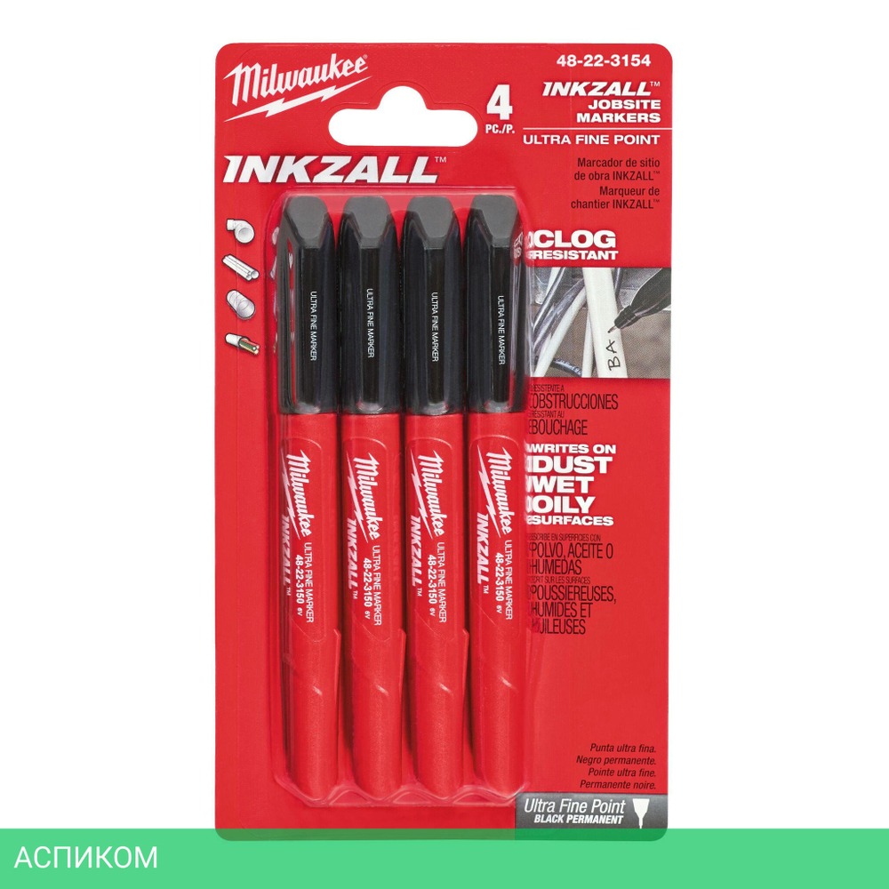 Маркер строительный Milwaukee Inkzall 4шт черный (48223154)