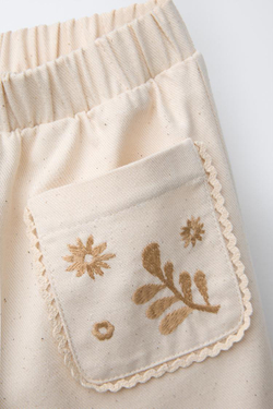 ZARA БРЮКИ С ШИРОКИМИ ШТАНИНАМИ И ВЫШИТЫМ КАРМАНОМ, ЭКРЮ