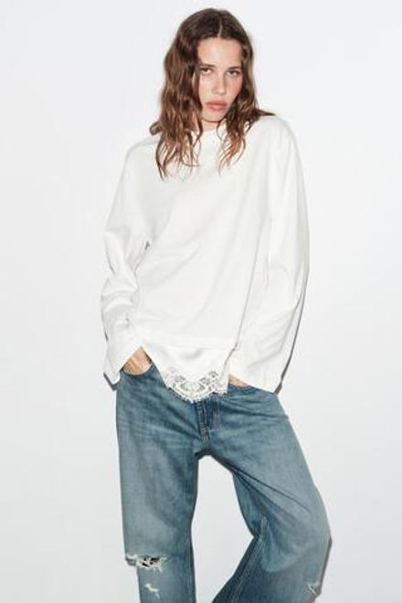 ZARA КОМБИНИРОВАННАЯ ФУТБОЛКА С КРУЖЕВОМ, БЕЛЫЙ