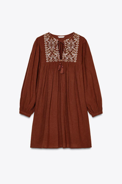 ZARА КОРОТКОЕ ПЛАТЬЕ С ВЫШИВКОЙ, ТЕРРАКОТОВЫЙ