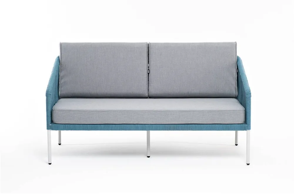 "Канны" диван 2-местный плетеный из роупа, каркас алюминий светло-серый (RAL7035) муар, роуп бирюзовый круглый, ткань светло-серая