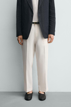 ZARA БРЮКИ REGULAR FIT ИЗ ВИСКОЗЫ И ХЛОПКА, ЖЕЛТОВАТО-БЕЛЫЙ