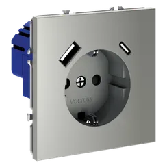 Розетка встраиваемая VOLTUM S70 с заземлением и защитными шторками, 16А, с USB, A+С, (сталь)