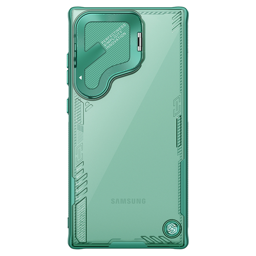 Чехол прозрачный зеленый (Glacier Green) от Nillkin с металлической откидной крышкой для камеры на Samsung Galaxy S24 Ultra, серия Iceblade Prop Case