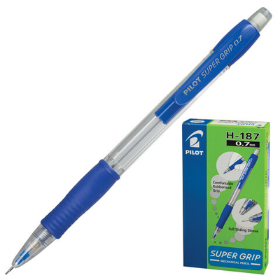 Карандаш механический 0,7 мм, PILOT H-187 Super Grip, ластик, резиновый грип, корпус синий, H-187-SL