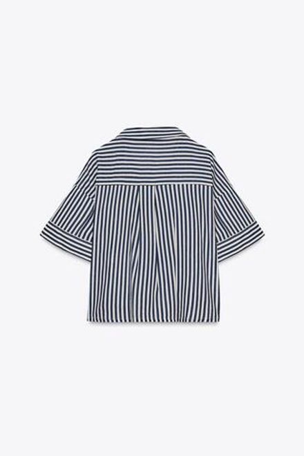 ZARA УКОРОЧЕННАЯ РУБАШКА ИЗ СМЕСОВОГО ЛЬНА, СИНИЙ/БЕЛЫЙ