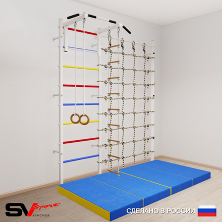 Шведская стенка Sv Sport 51740 (Турник стандарт/Кольца/Лестница/Мат 2м/Канатный лаз)