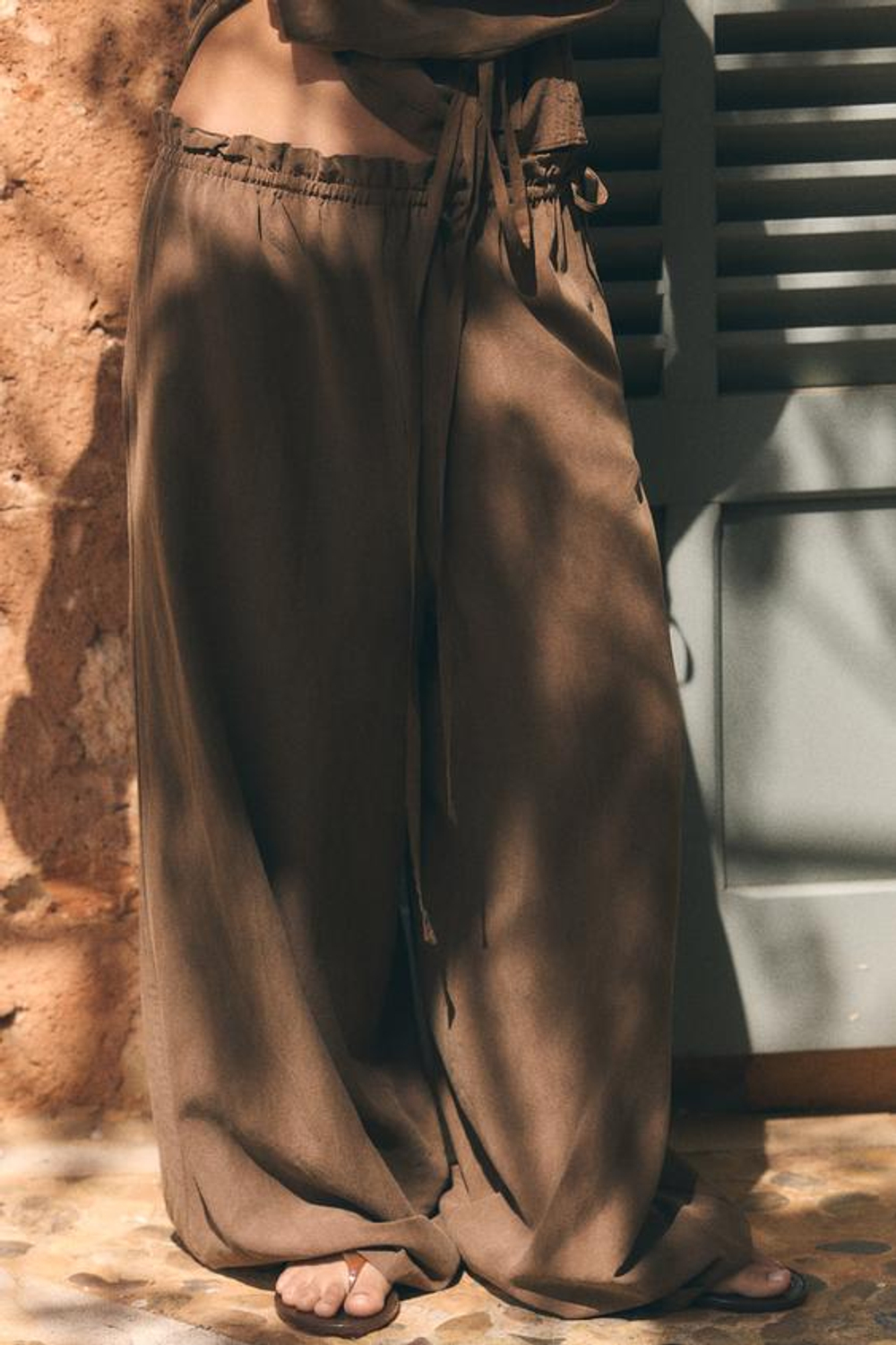 ZARA БРЮКИ ПАЛАЦЦО С ЗАВЯЗКАМИ, ТЕМНО-КОРИЧНЕВЫЙ