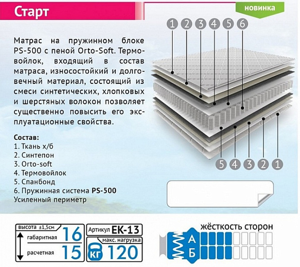 Матрас Старт 160*200 ПС500 ЕК-13 Мелодия Сна