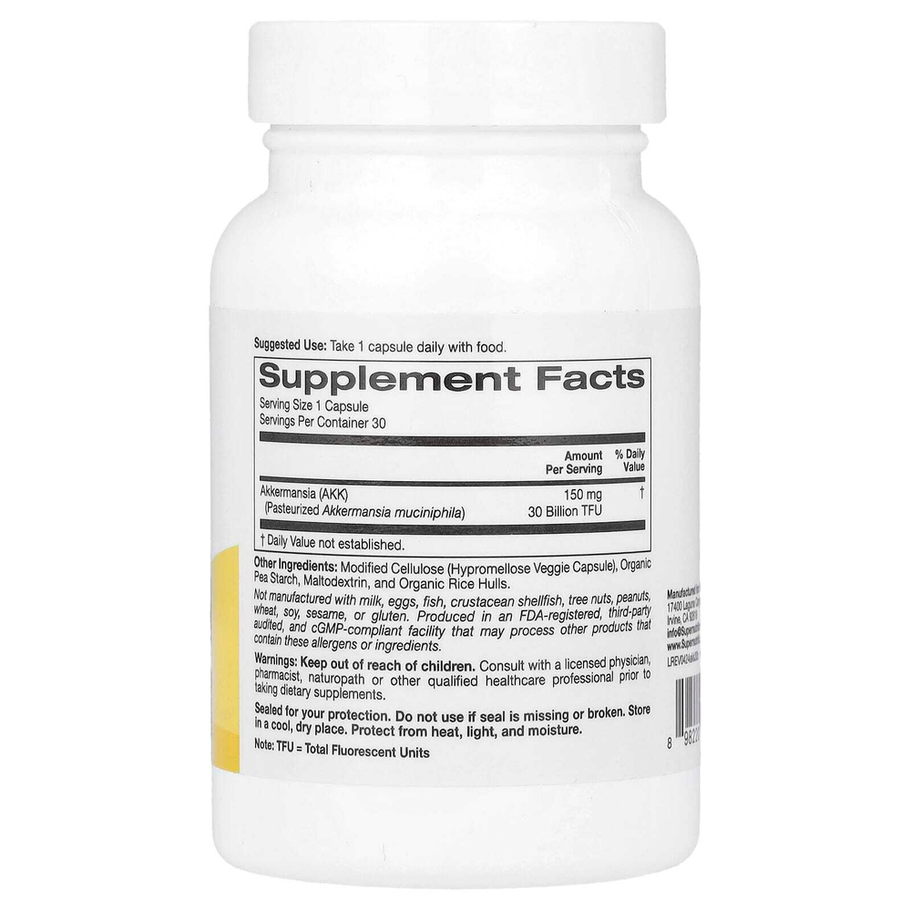 Super Nutrition, аккермансия 30B, 150 мг, 30 растительных капсул