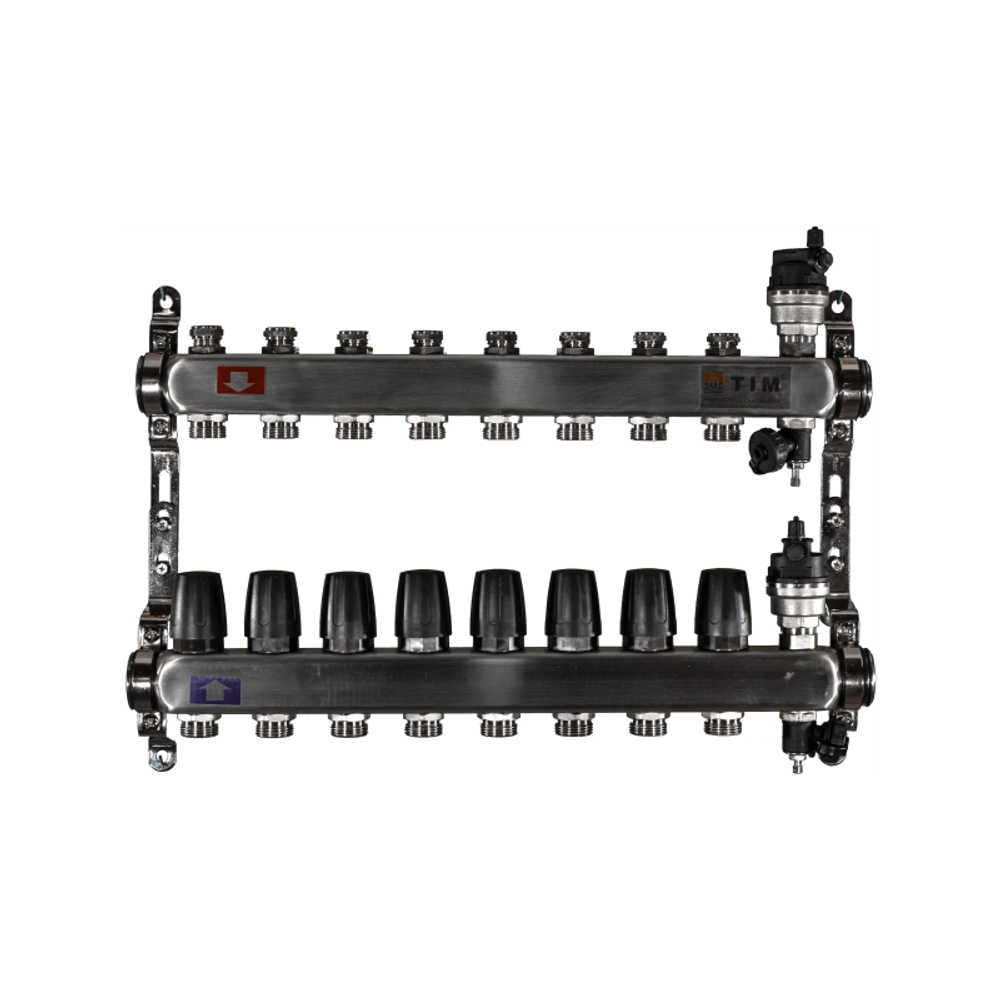 Коллектор из нержавеющей стали для отопления без расходомеров TIM 1" - 3/4" Евроконус - 8 выходов