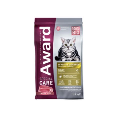 Сухой корм AWARD SPECIAL CARE Sensitive Digestion для взрослых кошек с чувствительным пищеварением со свежим мясом утки 1,5кг