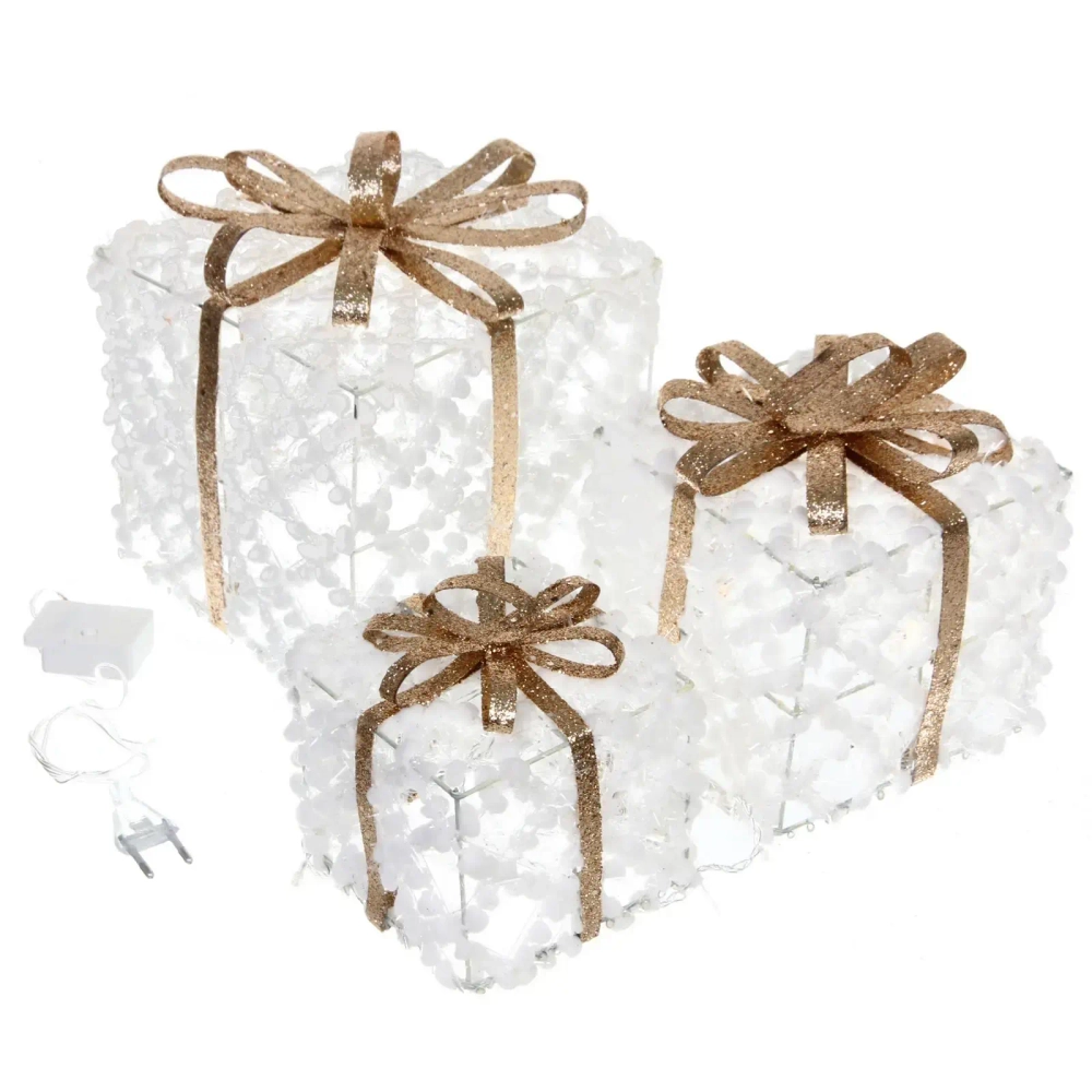 Фигура светодиодная «Подарок от Санты» (набор 3 шт: 12см, 15см, 19см), 220V, Золото (свечение - Теплый белый)