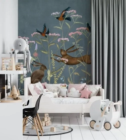 Фотообои флизелиновые ФабрикаФресок Зайцы в цветах 200х270см, обои в детскую, в спальню, гостиную