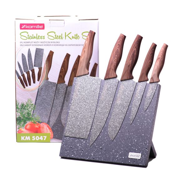 Набор ножей 6 предметов из нержавеющей стали на подставке с мраморным покрытием (5 ножей+подставка) Kamille